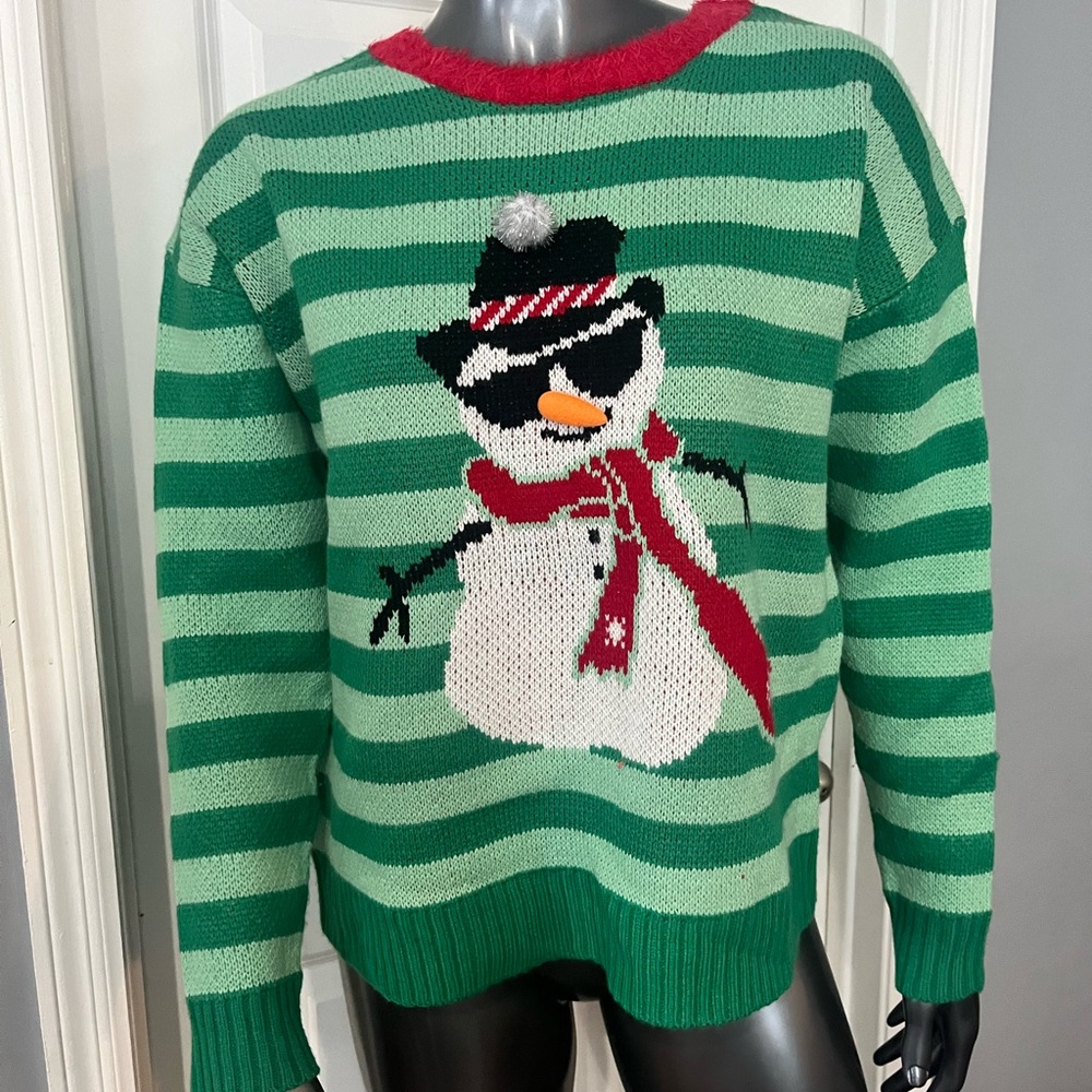 NWT Green Striped Snowman Sweater